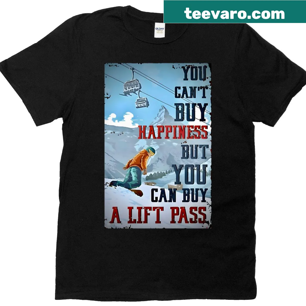 T-shirt with bold text 'You Can't Buy Happiness' design — on a men's t-shirt