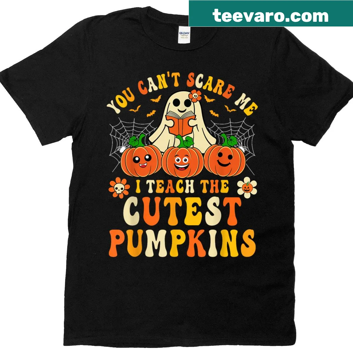 Vintage Halloween teacher t-shirt with pumpkin graphic and humorous text — on a men's t-shirt