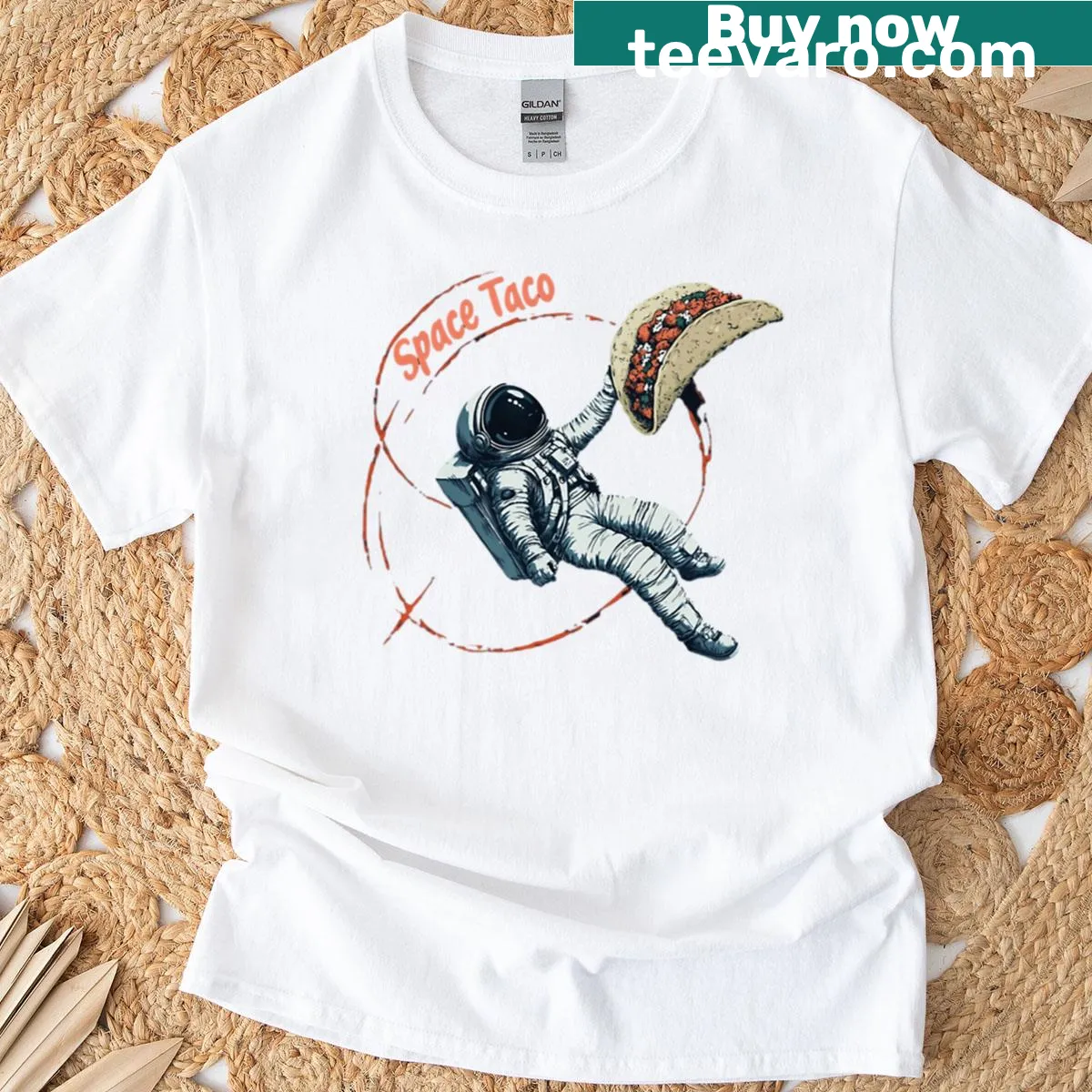 Space-themed T-shirt with an illustration of a taco floating in zero gravity. — on a men's t-shirt
