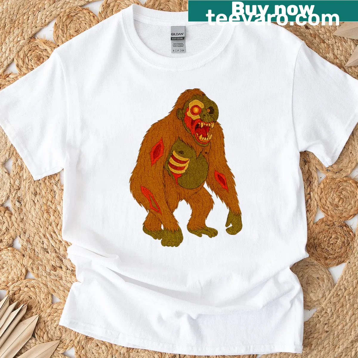 Cartoon zombie orangutan with a fun expression — on a men's t-shirt