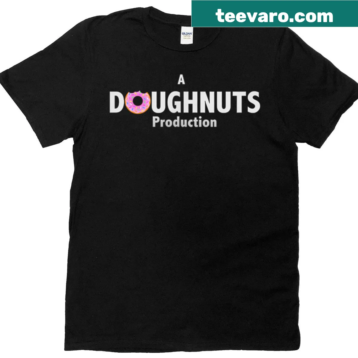 T-shirt featuring 'A 516 Productions' doughnut logo — on a men's t-shirt