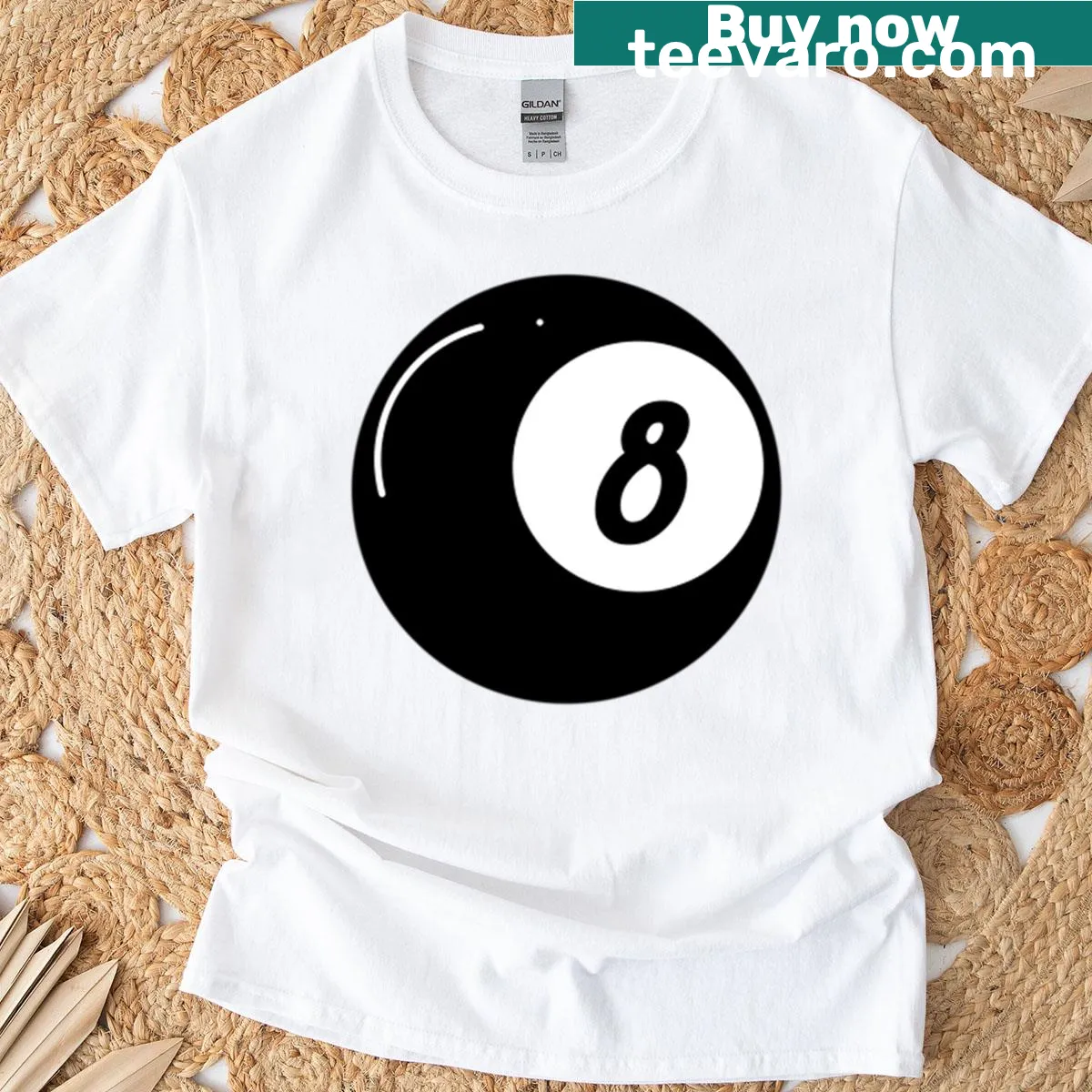 Bold graphic of a black 8-ball on a pool-themed t-shirt — on a men's t-shirt