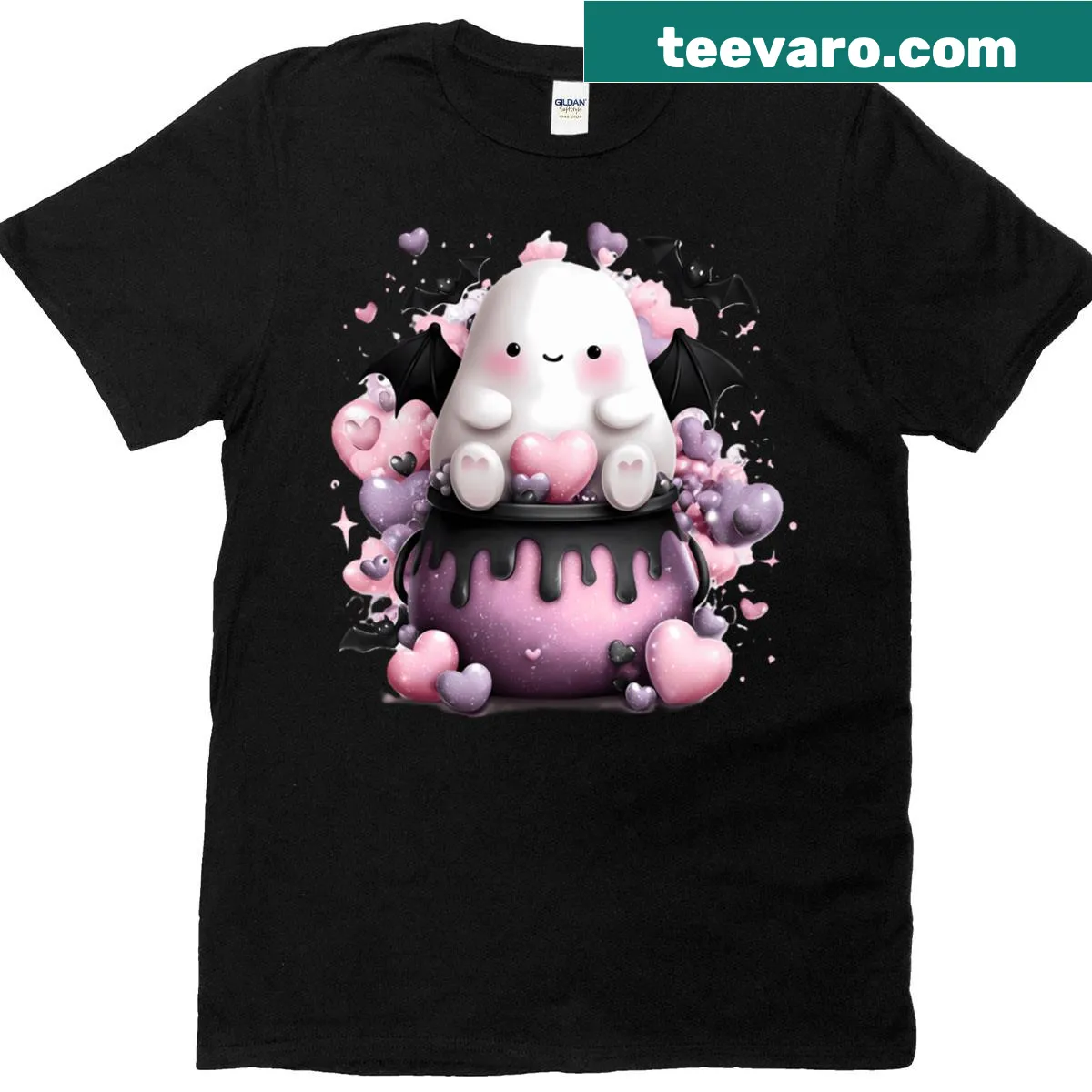 Cute Halloween shirt with a ghost bat in a heart-shaped cauldron — on a men's t-shirt