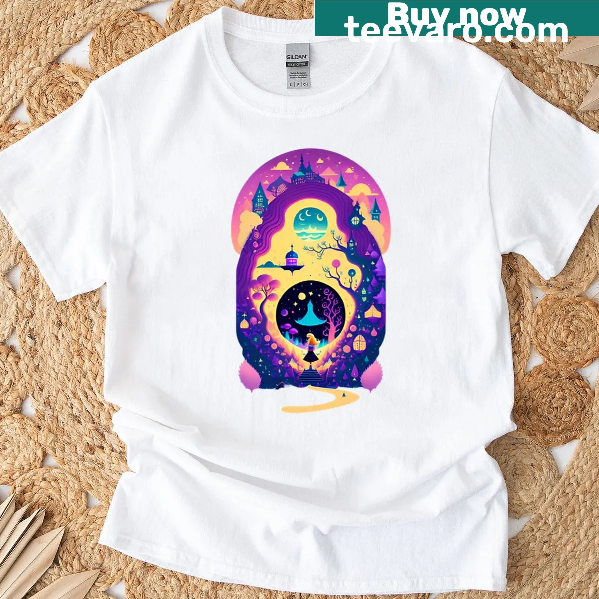Illustrated shirt depicting Alice's journey to a dreamy kingdom — on a men's t-shirt