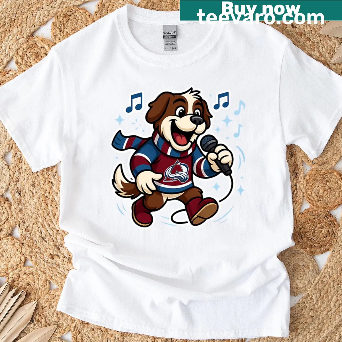 Hockey tee featuring a singing mascot in a sticker-style design — on a men's t-shirt