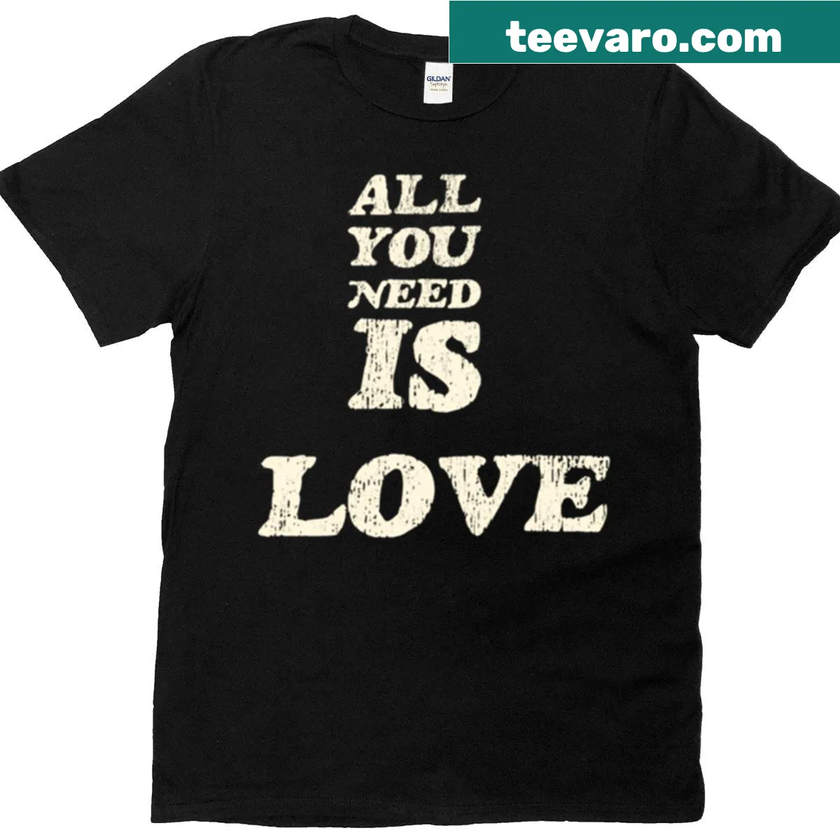 Vintage typography t-shirt with 'All You Need Is Love' text — on a men's t-shirt