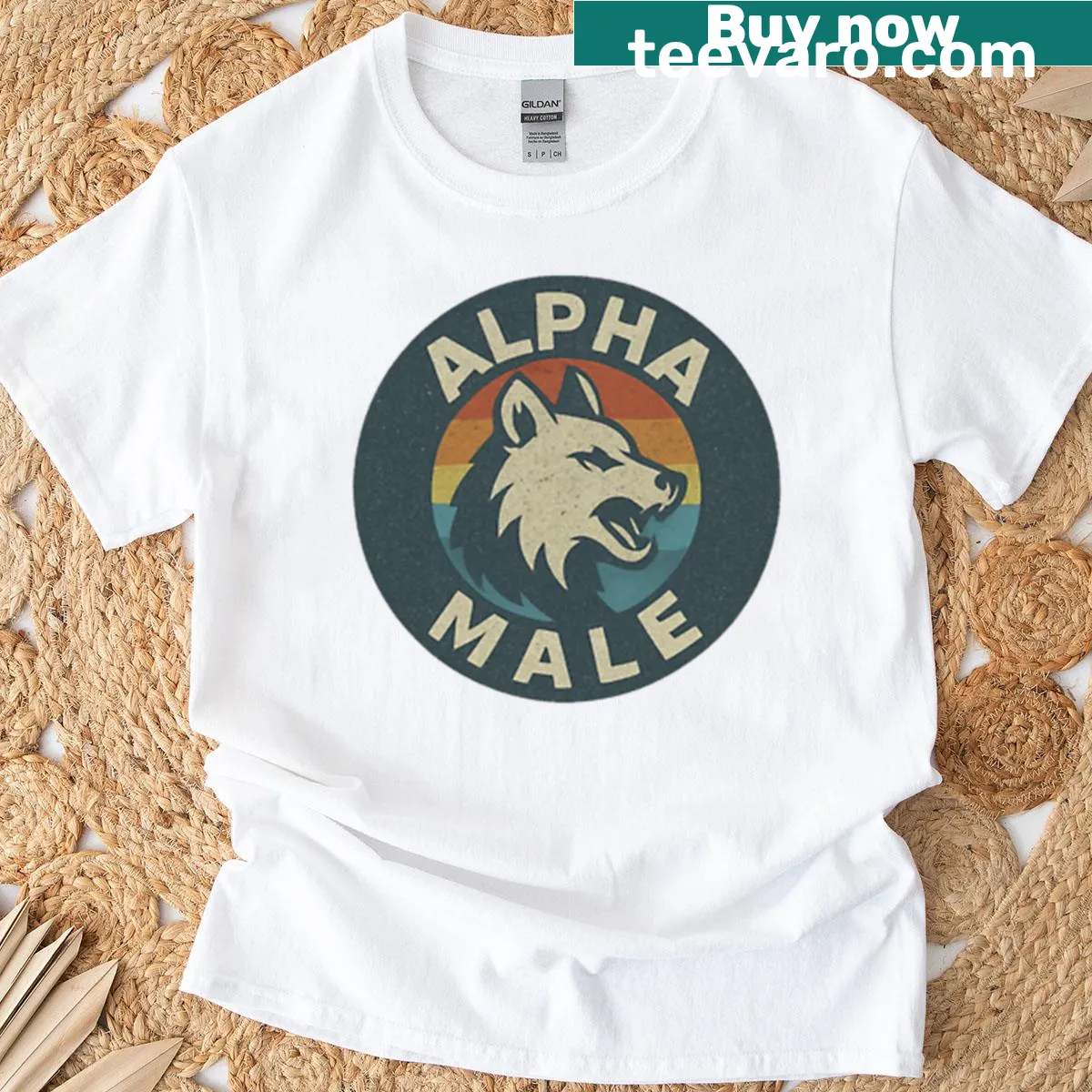 Vintage badge design featuring a wolf on a t-shirt — on a men's t-shirt