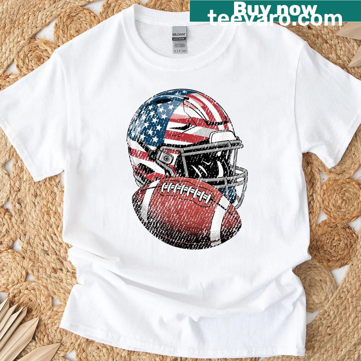 Football helmet with American flag graphic — on a men's t-shirt