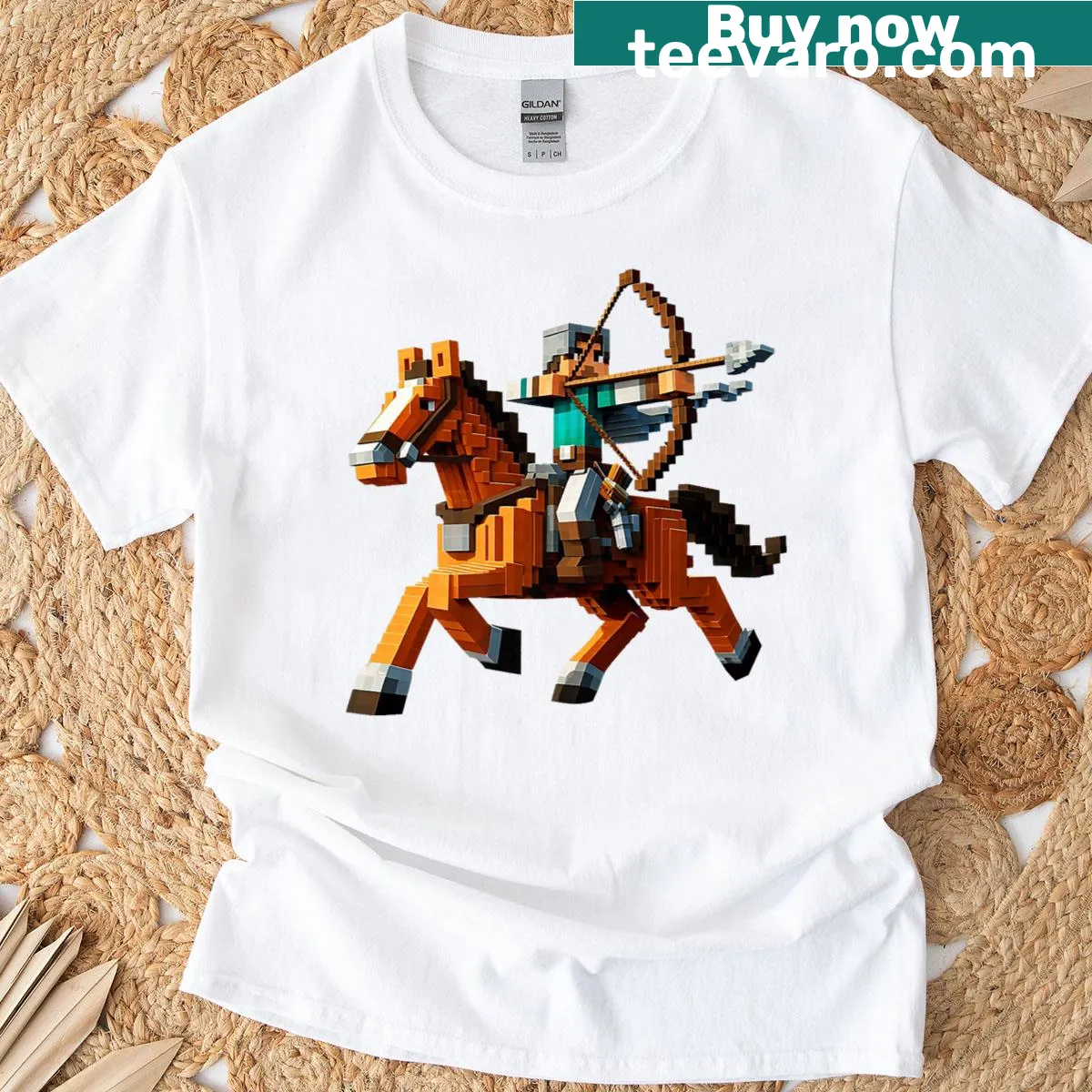 Pixel art graphic of an archer riding a horse on a gaming-themed t-shirt — on a men's t-shirt