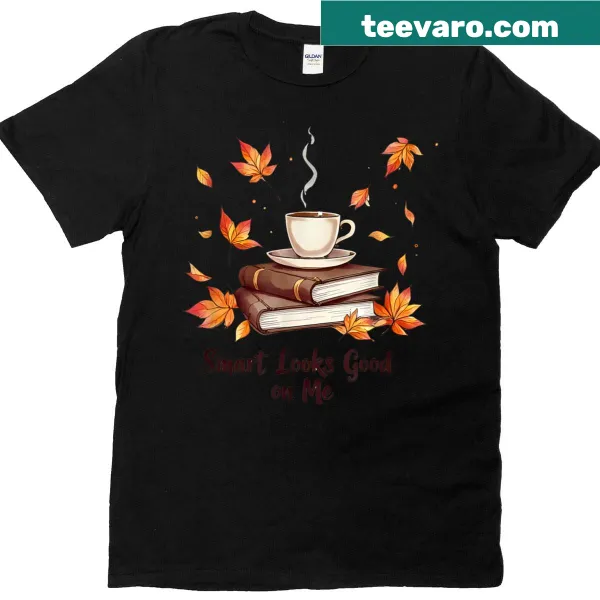Cozy fall-themed t-shirt with coffee cup and book illustration