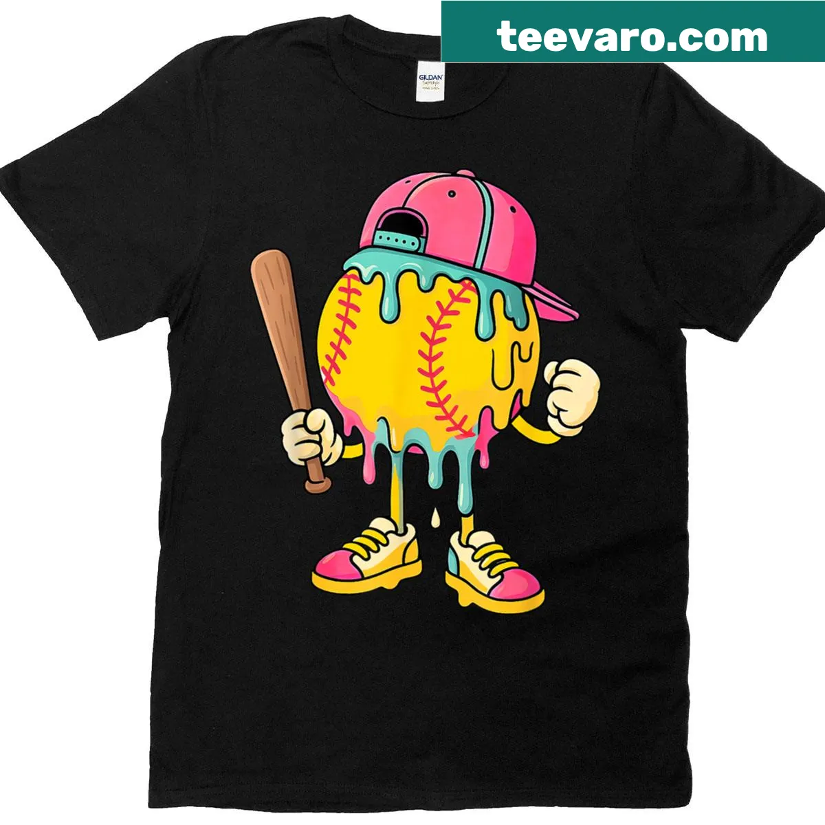 Playful T-shirt design combining ice cream and baseball themes. — on a men's t-shirt