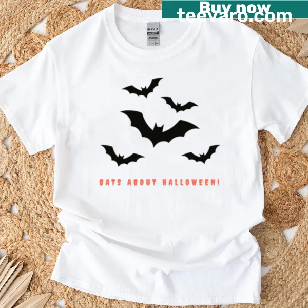 Illustrated Halloween shirt featuring cartoon bats and fun text