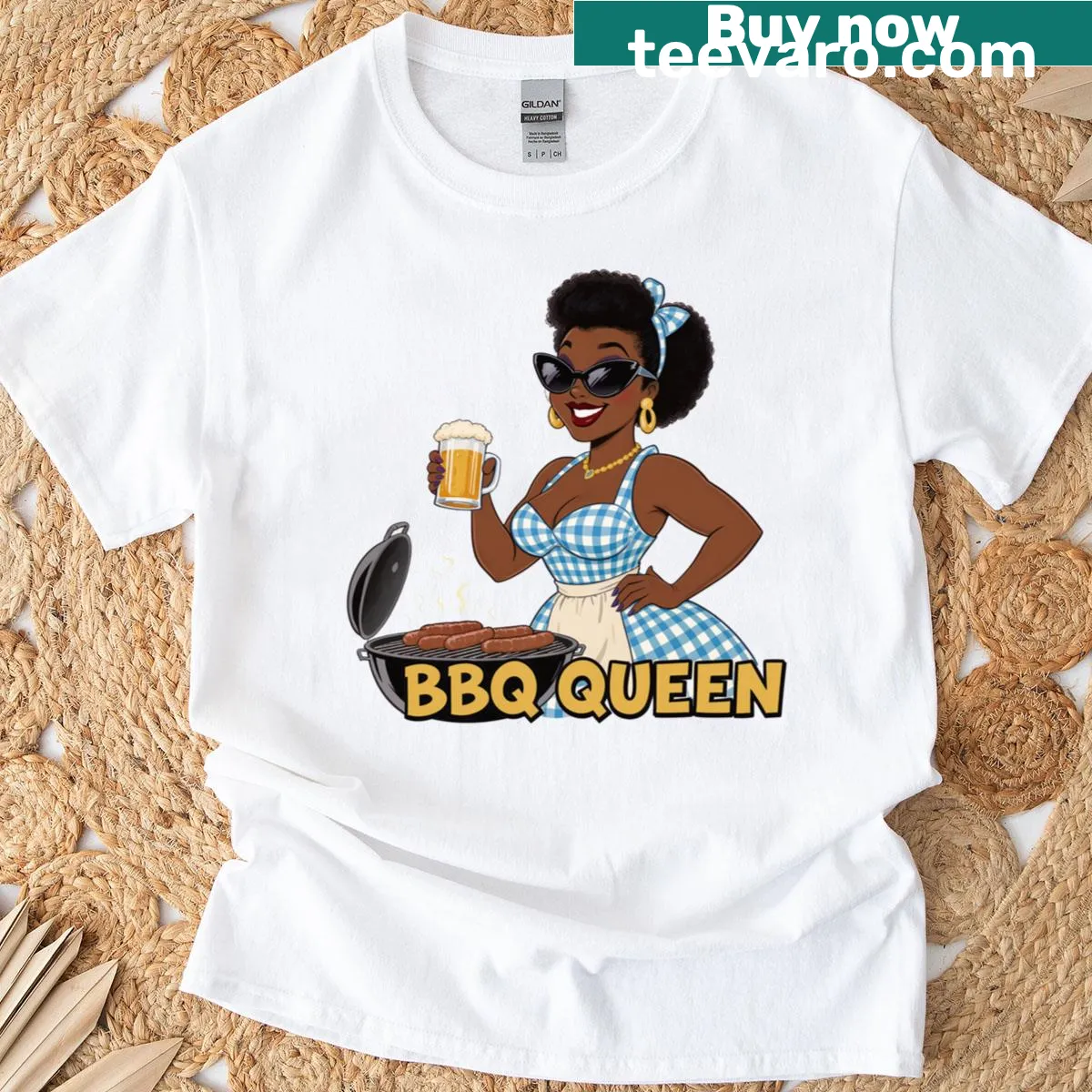 Retro graphic of a black woman grilling on a BBQ-themed t-shirt — on a men's t-shirt