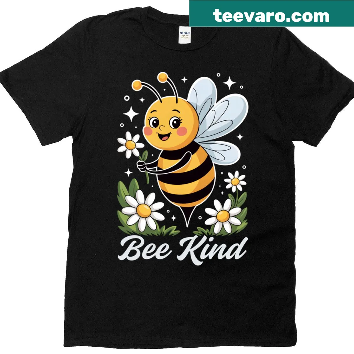 T-shirt with a bee and flower design promoting kindness — on a men's t-shirt