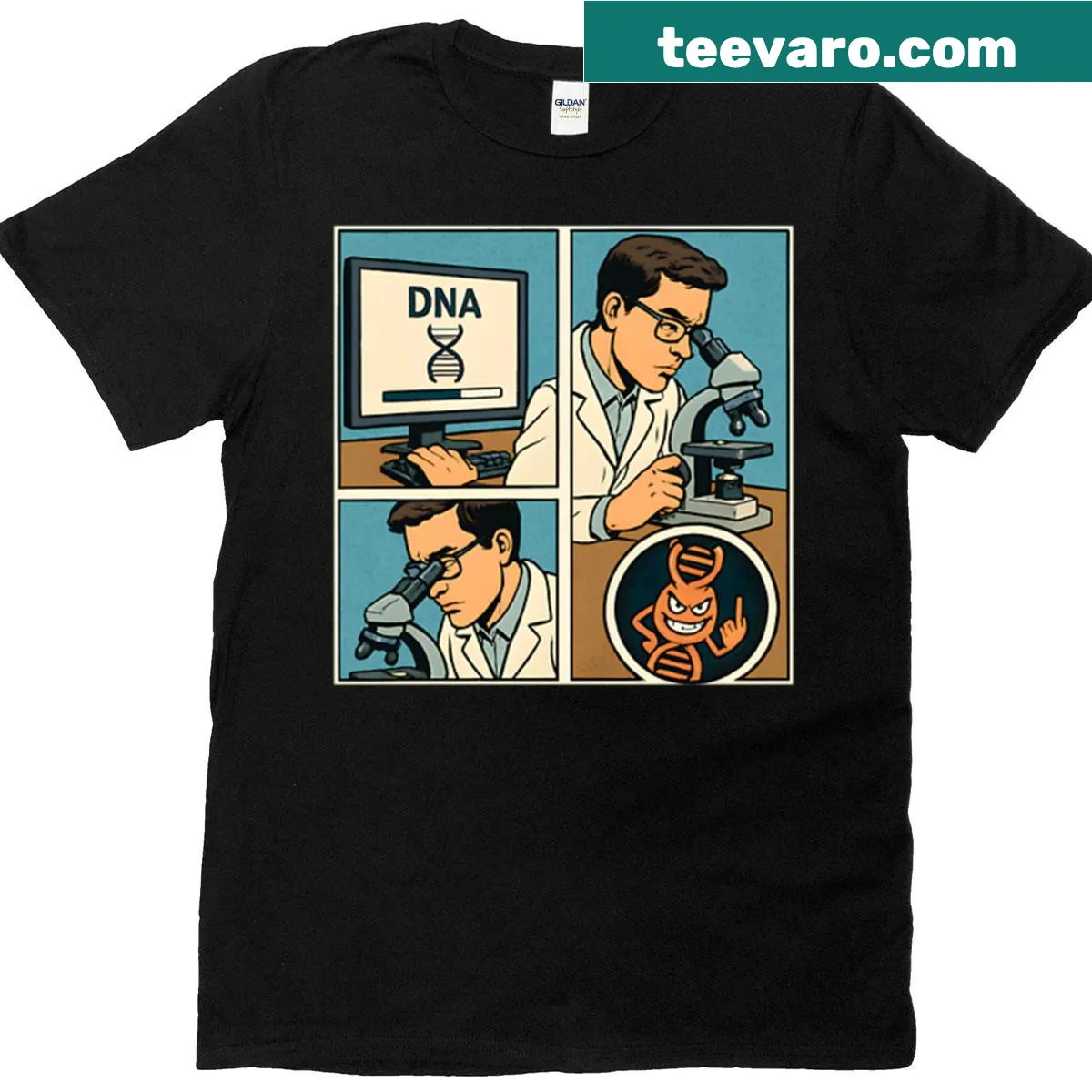 Funny comic strip t-shirt featuring bioinformatician and DNA theme — on a men's t-shirt