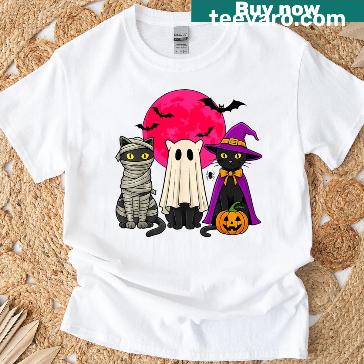 Cartoon black cat in ghost witch costume for Halloween — on a men's t-shirt