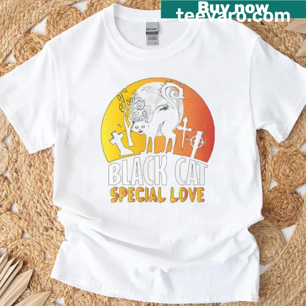 Cute black cat illustration on a love-themed t-shirt