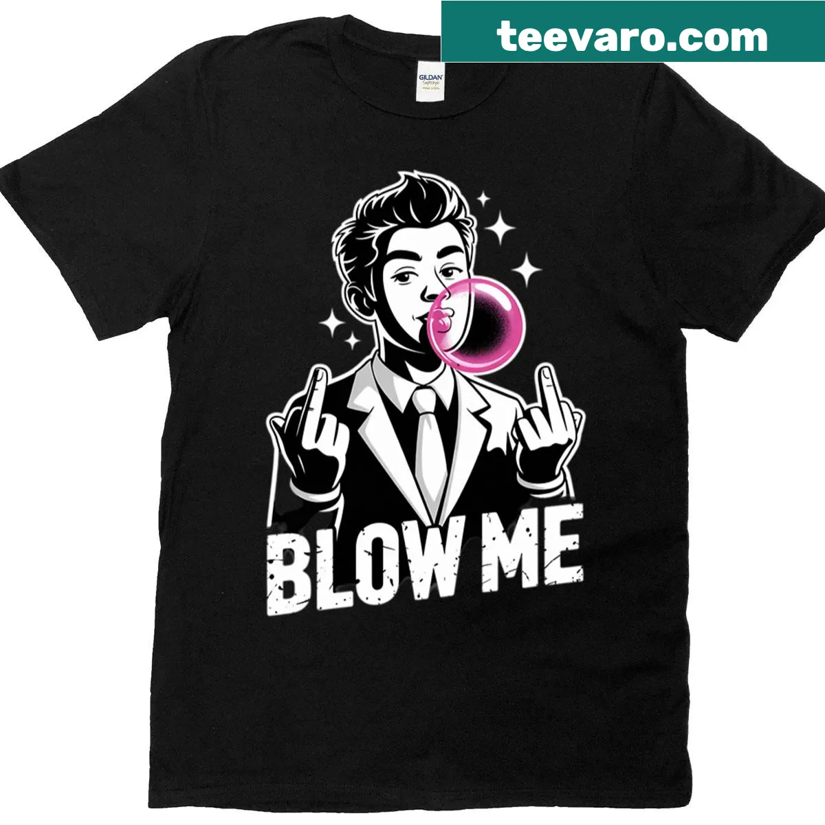 Humorous T-shirt with sarcastic phrase and bubble gum graphic — on a men's t-shirt