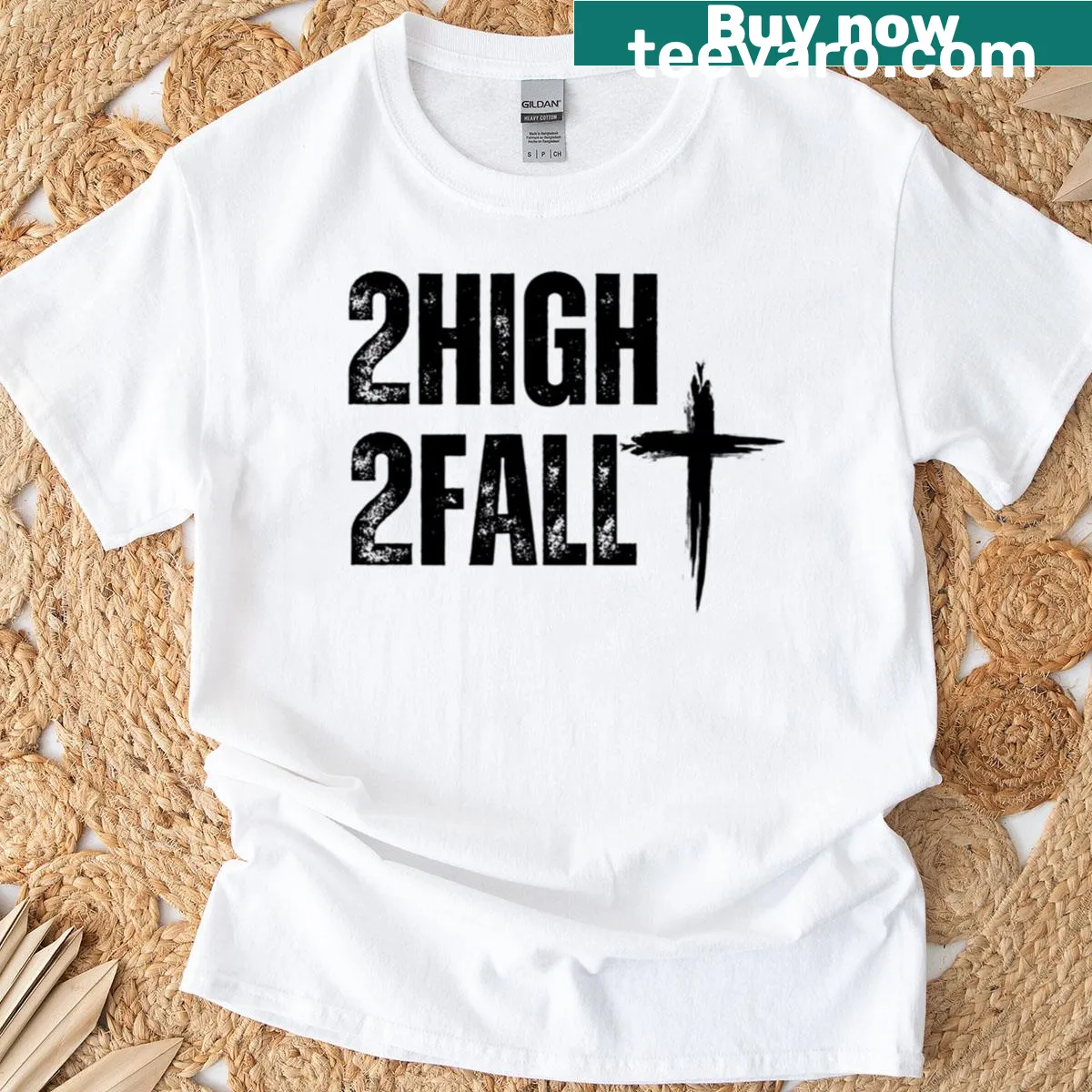 Inspirational t-shirt with 4 High 2 Fall text and cross design — on a men's t-shirt