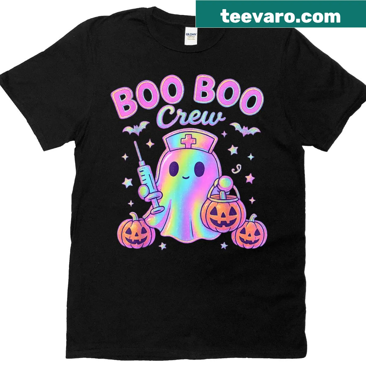 Kawaii nurse ghost Halloween shirt with pumpkins — on a men's t-shirt