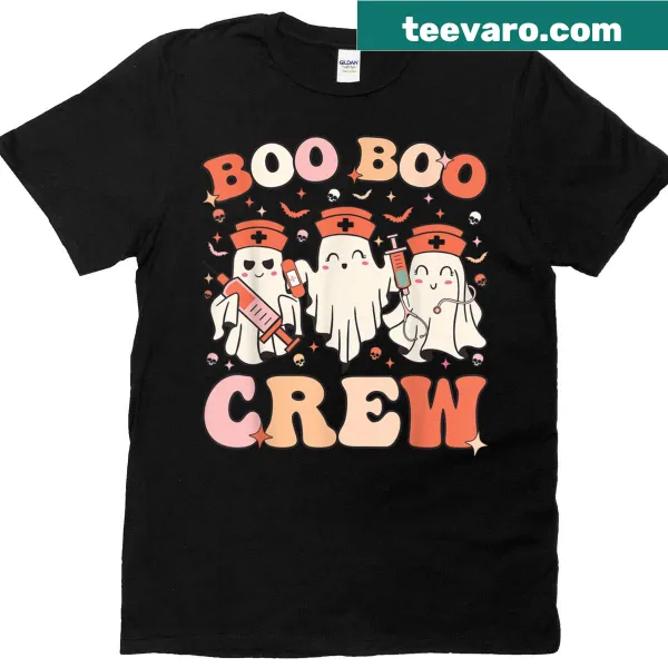 Halloween t-shirt for nurses with ghost graphic and Boo Boo Crew text