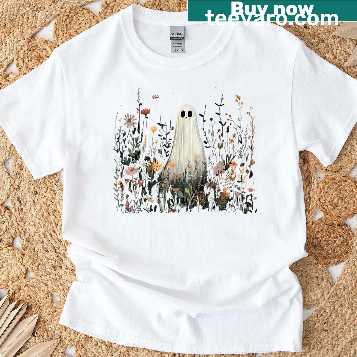 Playful ghost surrounded by wildflowers on a Halloween-themed shirt — on a men's t-shirt