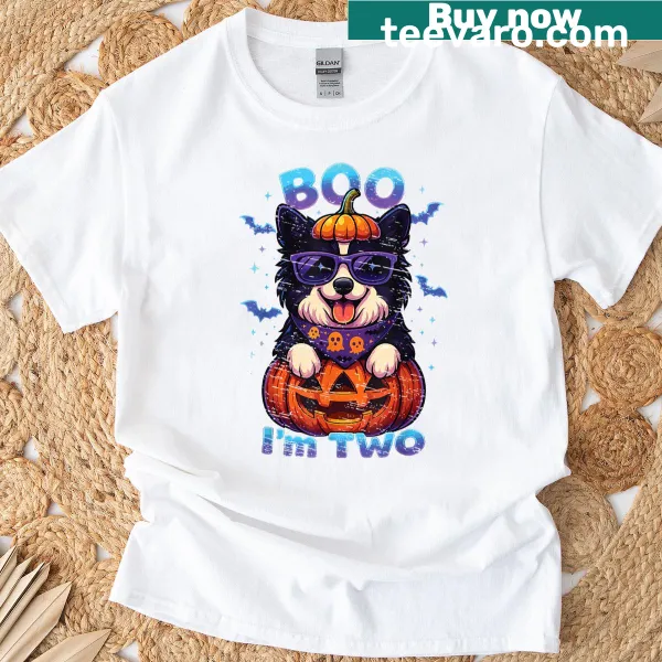 Funny Halloween birthday T-shirt for kids featuring Boo Im Two