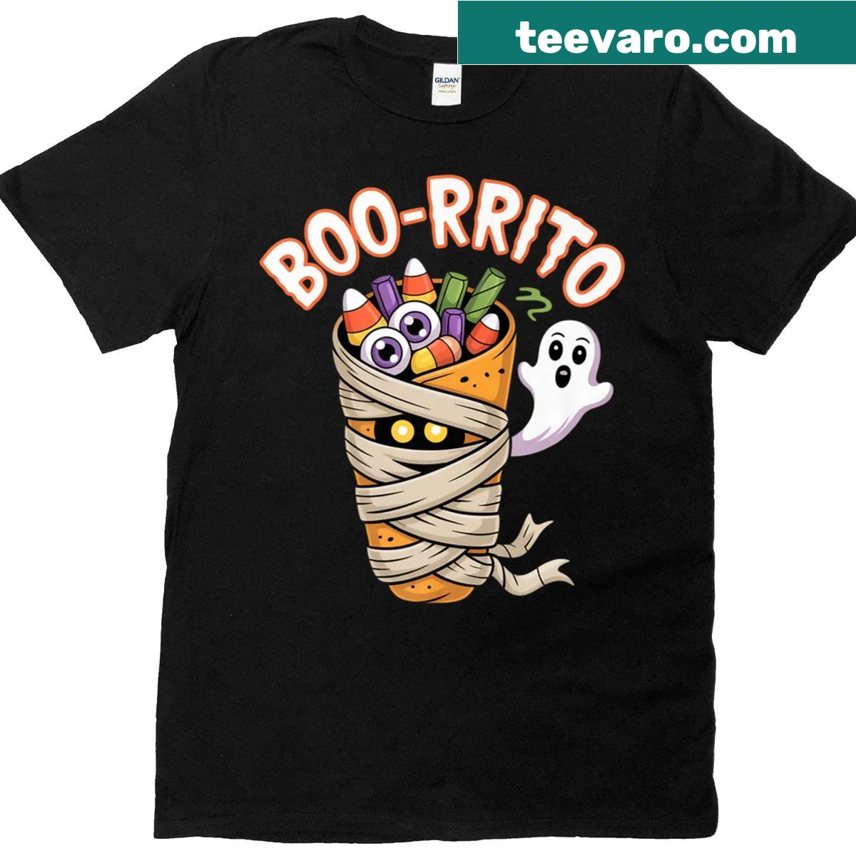 Whimsical ghost burrito Halloween t-shirt design — on a men's t-shirt