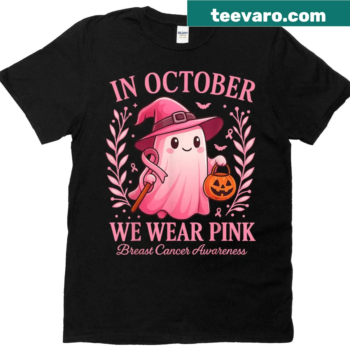 Cute ghost design on a pink awareness shirt for Halloween — on a men's t-shirt