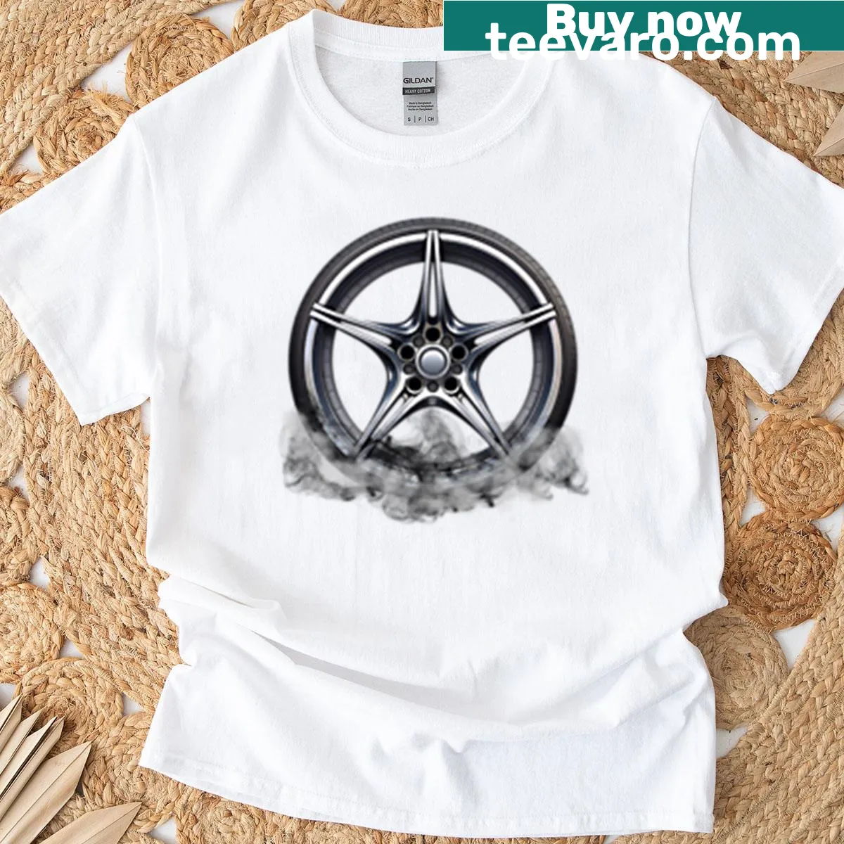 Burnout wheel racing car rim T-shirt with smoke effect — on a men's t-shirt