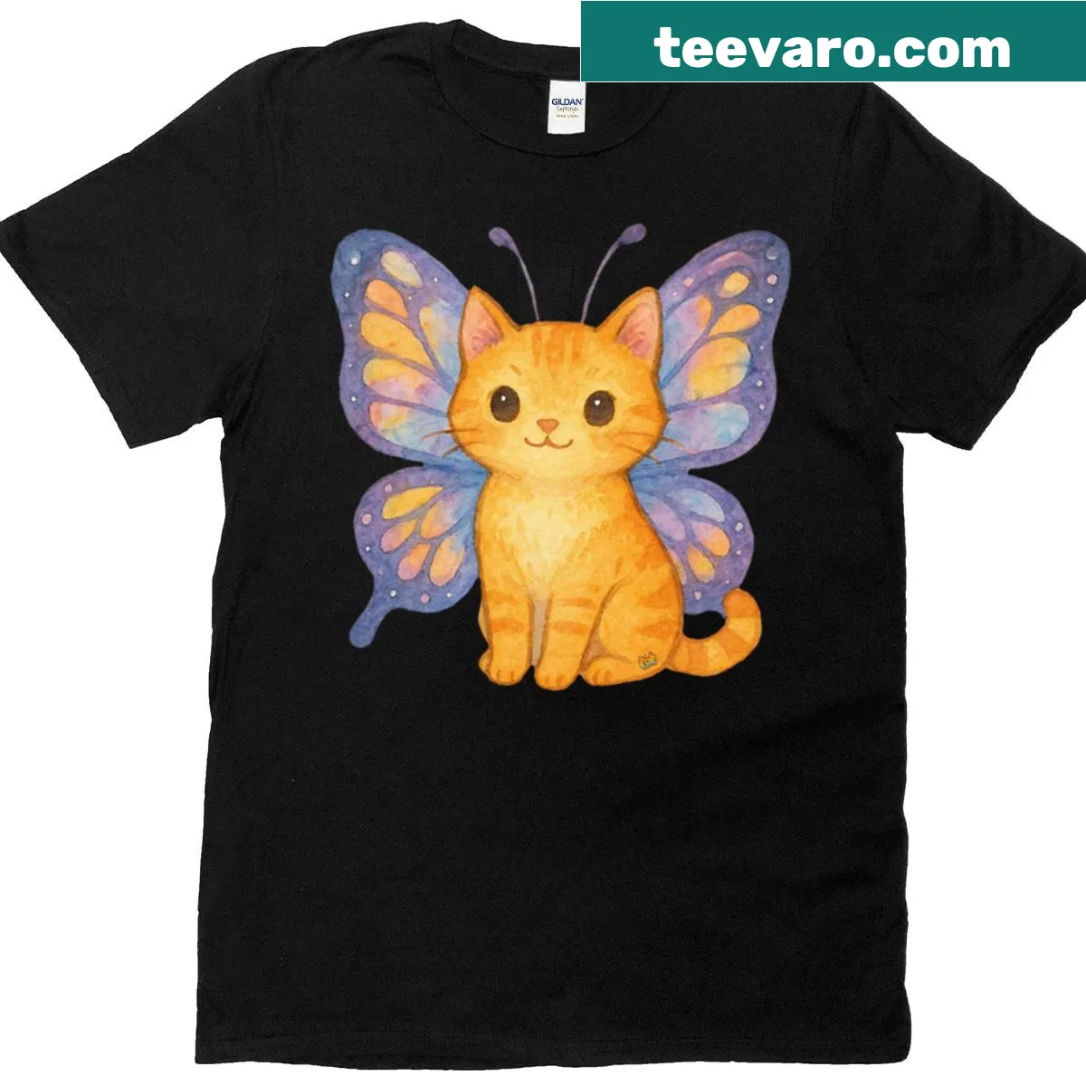 Whimsical illustration of a butterfly cat — on a men's t-shirt