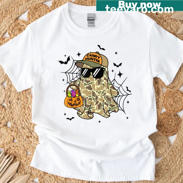 Halloween shirt with camo ghost and pumpkin design