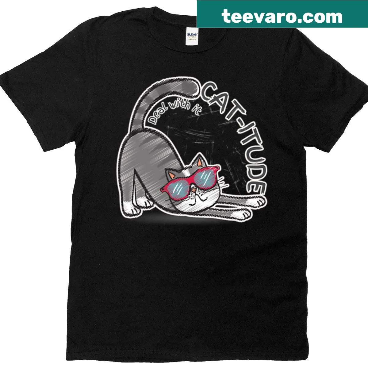 Funny Cat-itude t-shirt with bold text — on a men's t-shirt