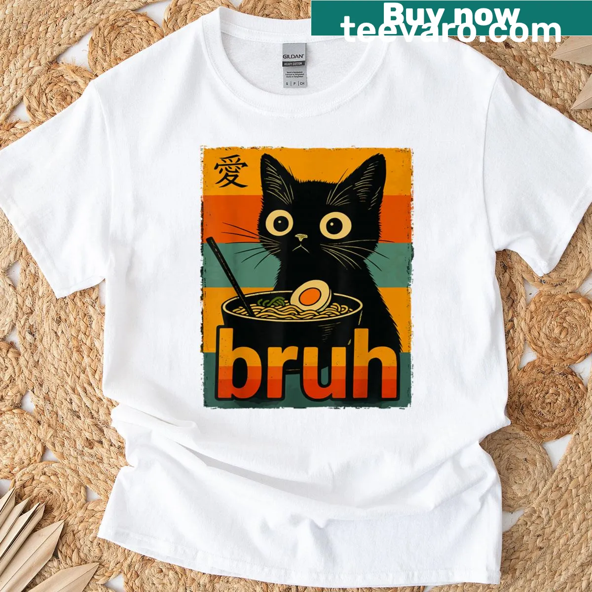 Funny cat ramen graphic design T-shirt for teens. — on a men's t-shirt