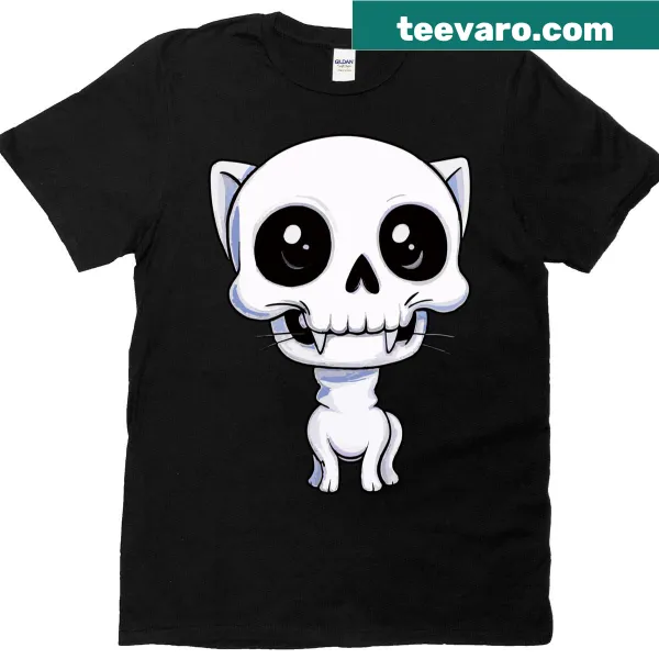 Whimsical cat skull and skeleton graphic T-shirt for Halloween