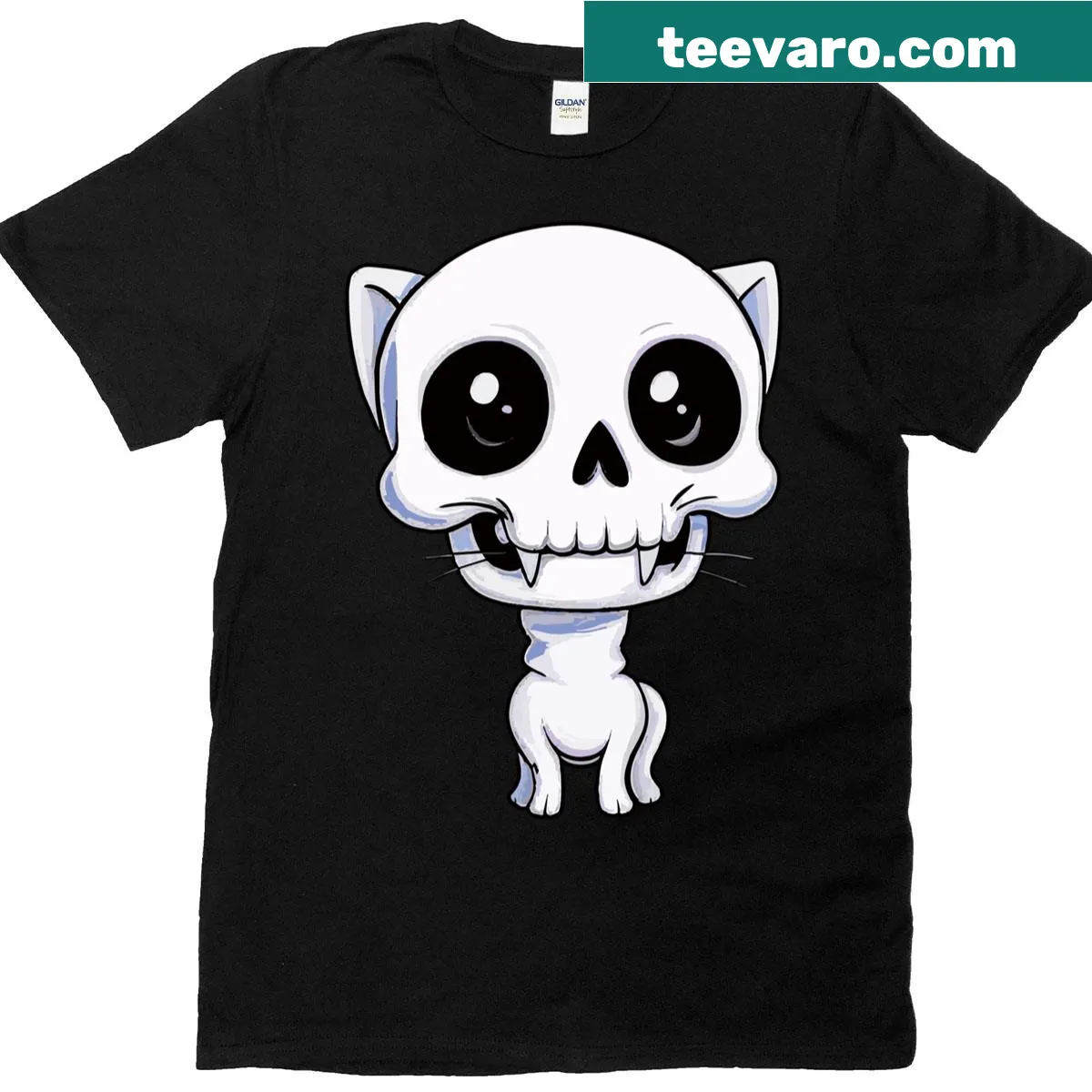 Whimsical cat skull and skeleton graphic T-shirt for Halloween — on a men's t-shirt
