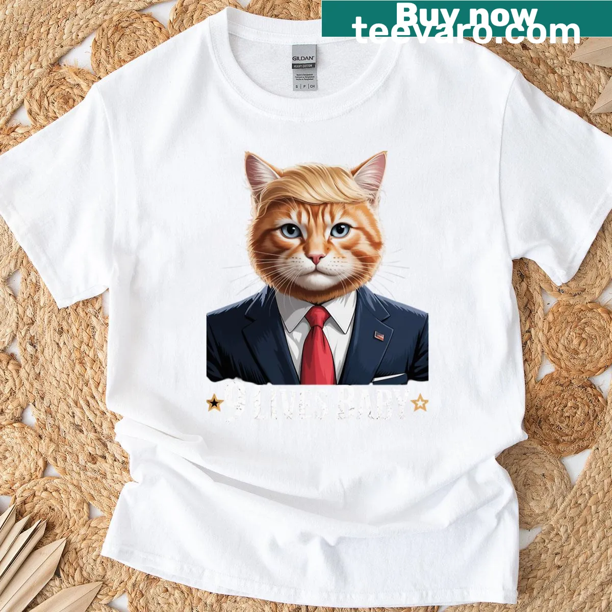 Cute baby T-shirt with cartoon cat and '9 lives' concept — on a men's t-shirt