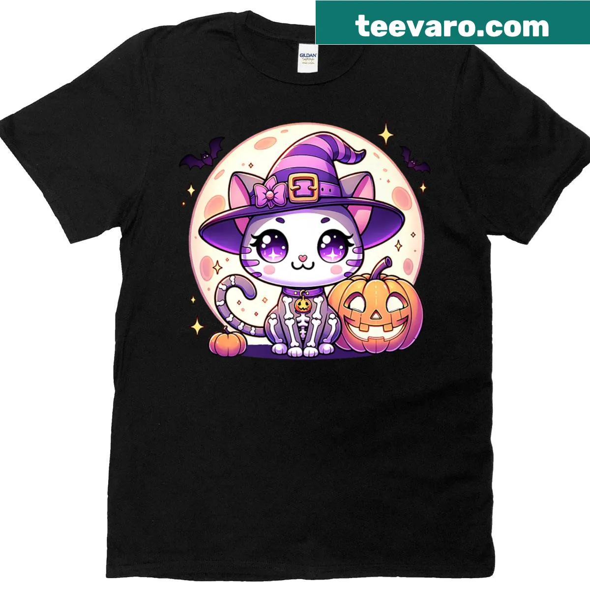 Cute Halloween T-shirt with a cat witch and skeleton design — on a men's t-shirt