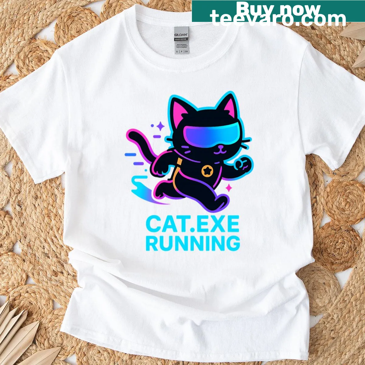 Cyber runner cat gaming T-shirt — on a men's t-shirt