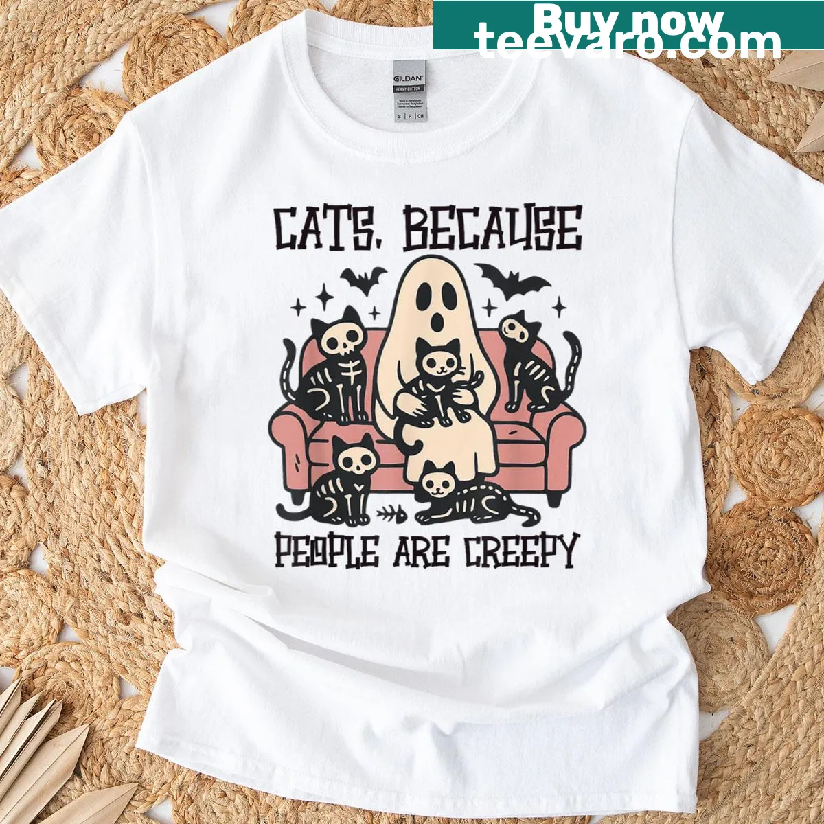 Funny Halloween t-shirt saying 'Cats Because People Are Creepy' — on a men's t-shirt