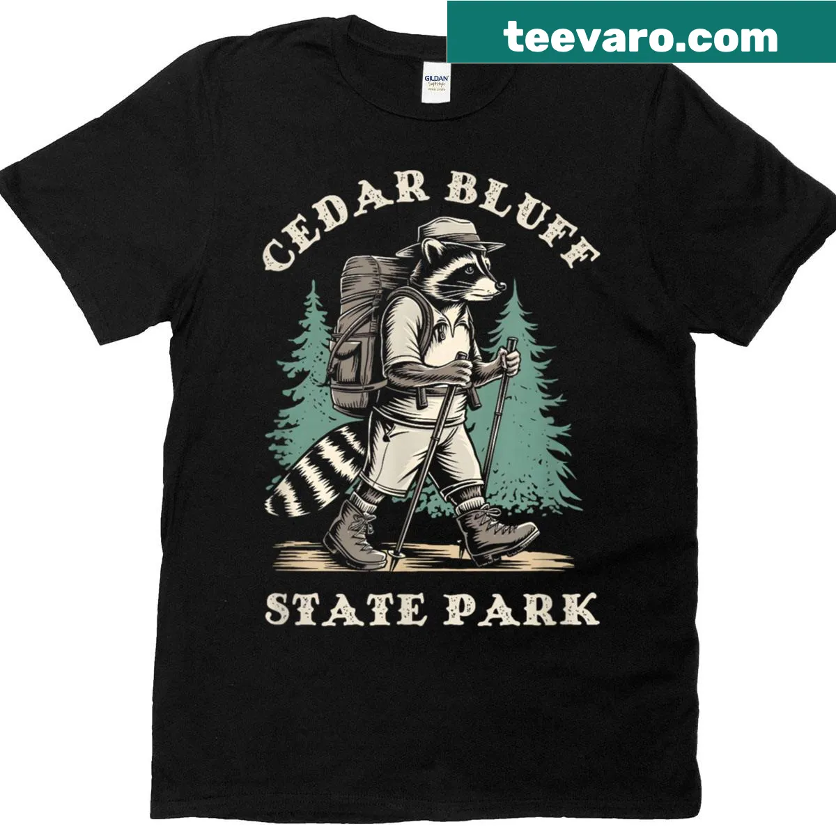 Whimsical t-shirt featuring a raccoon and Cedar Bluff State Park design — on a men's t-shirt