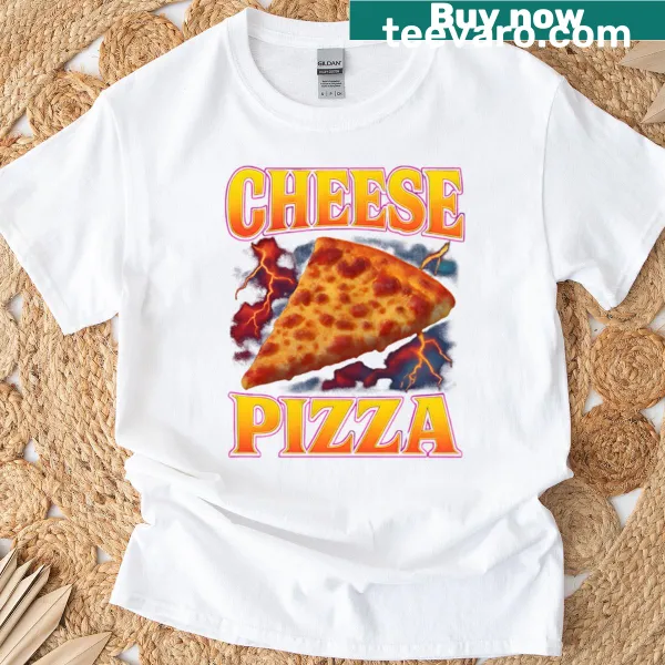 Cartoon T-shirt design celebrating cheese pizza with a funny twist