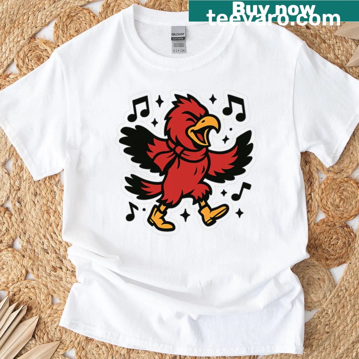 Sticker-style hockey T-shirt with dancing hawk illustration — on a men's t-shirt