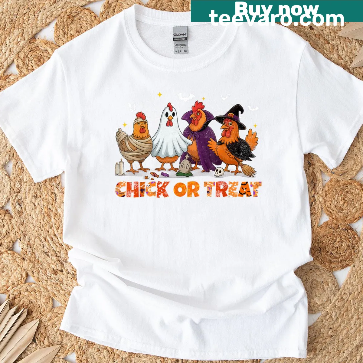Cartoon chicken in witch costume Halloween T-shirt — on a men's t-shirt