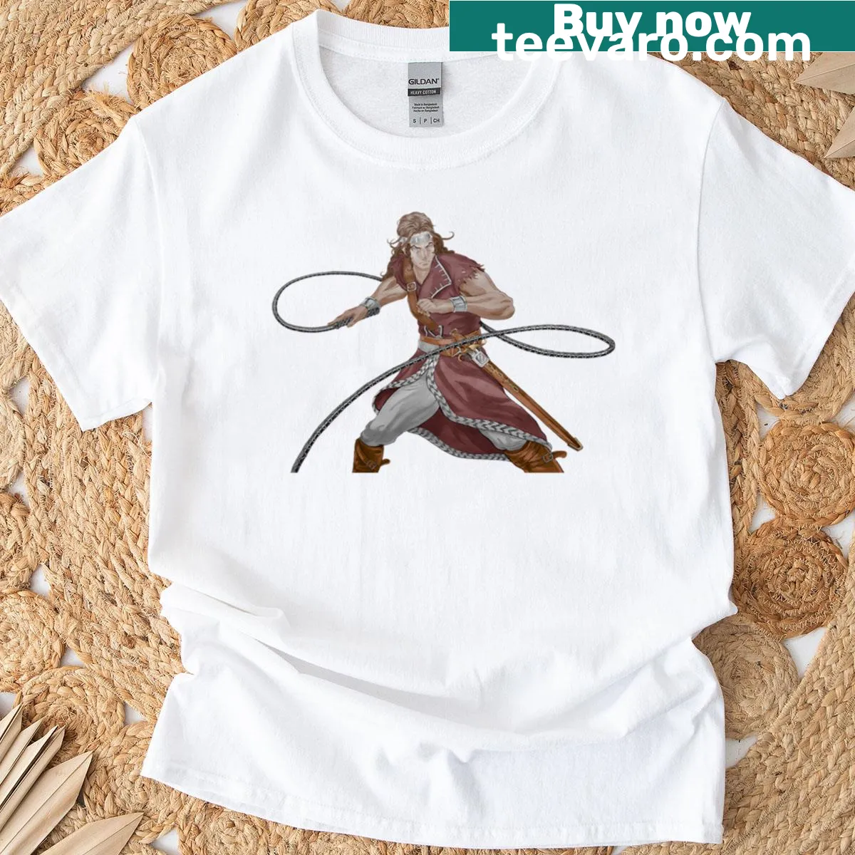 Illustration of Christopher Belmont in action on a fantasy adventure t-shirt — on a men's t-shirt