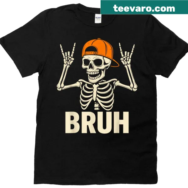 Cartoon skeleton graphic with 'Rock On' text on a Halloween t-shirt