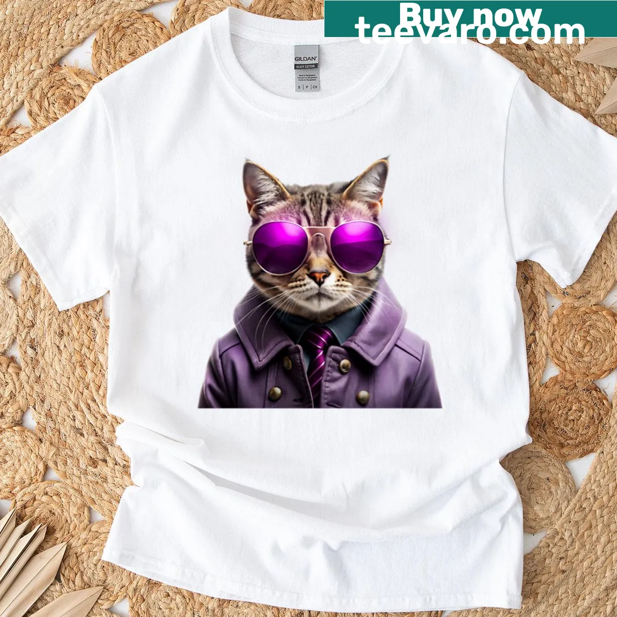 Illustrated Cool Cat T-shirt featuring a playful cat design — on a men's t-shirt