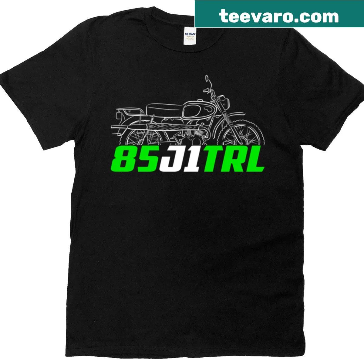 Vintage Kawasaki 85 J1TRL motorcycle themed T-shirt — on a men's t-shirt