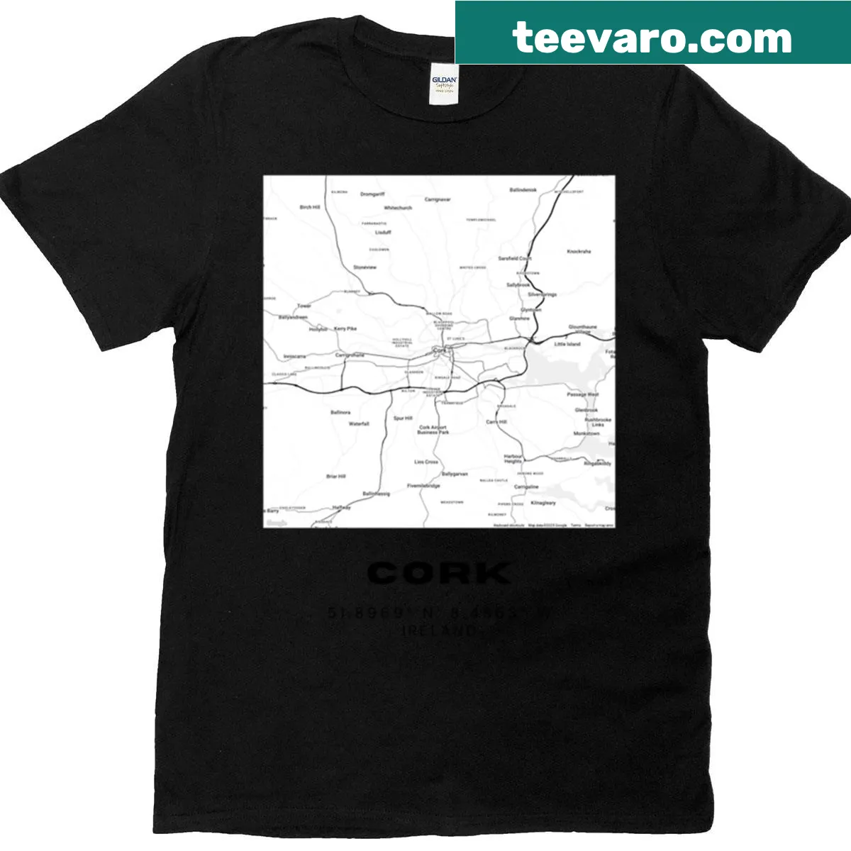 Minimalist Cork Ireland map t-shirt with coordinates — on a men's t-shirt