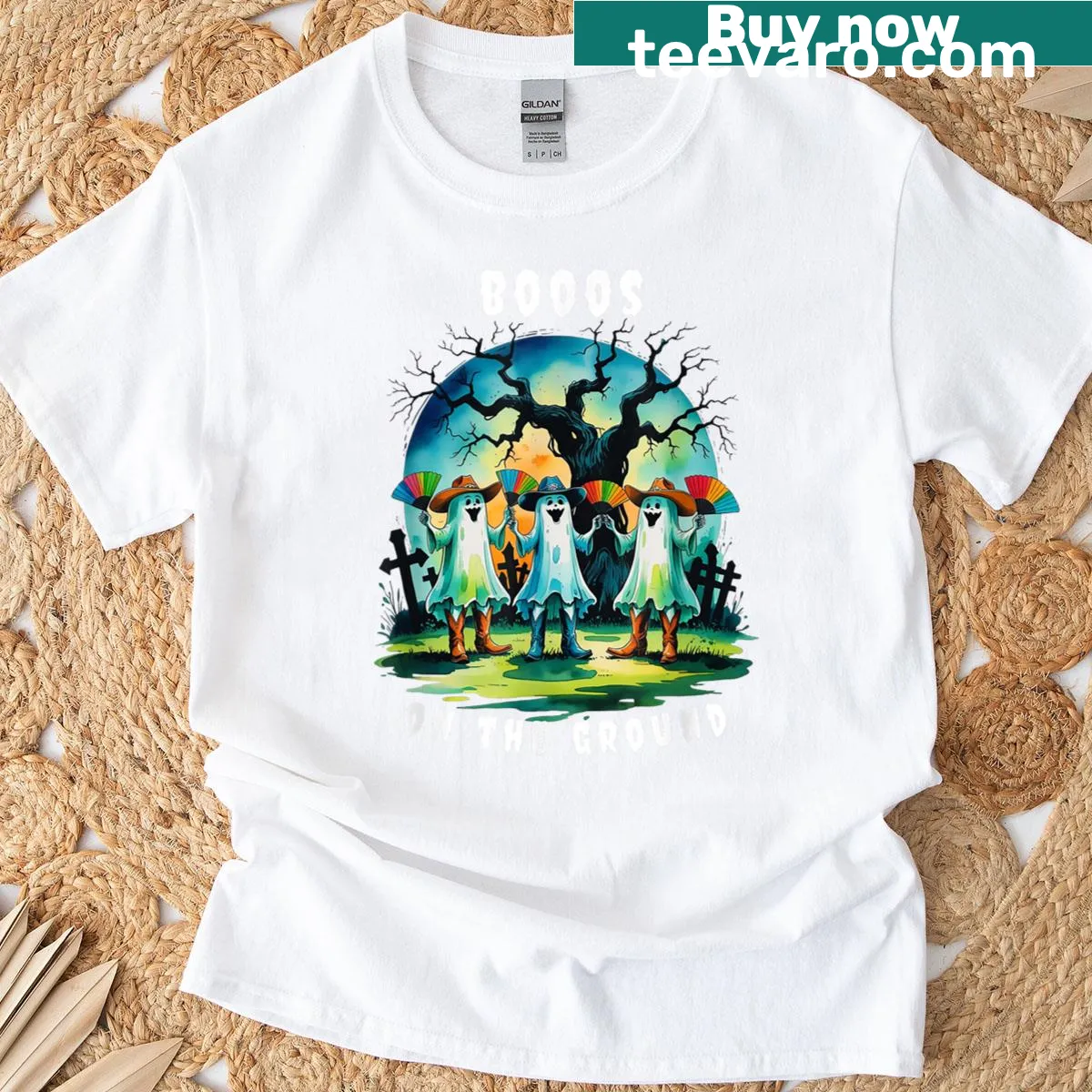 Funny Halloween shirt featuring illustrated cowboy ghosts in boots and hats — on a men's t-shirt